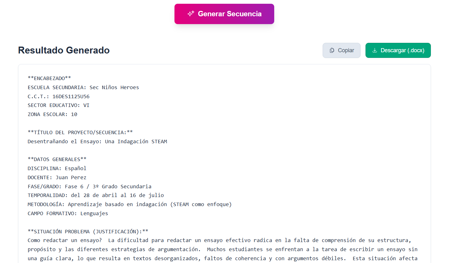 Ejemplo de una secuencia didáctica generada por la aplicación